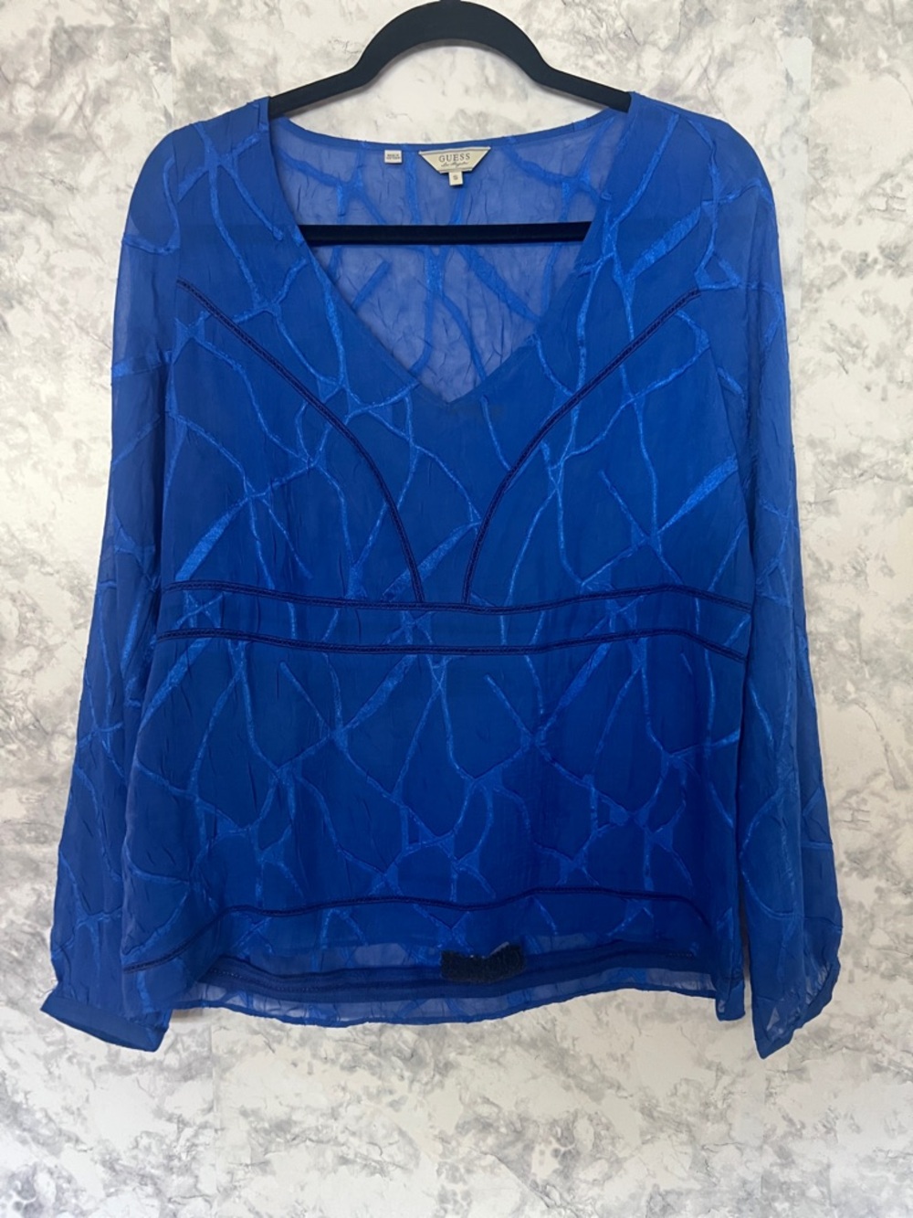 Guess Sheer V-Neck Long-Sleeve Blouse in Bright Blue